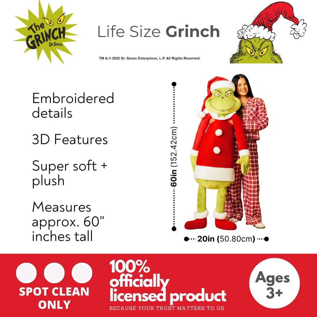 Franco The Grinch by Dr. Seuss Holiday Christmas Bedding Super Soft Life Size Plush 60" Large Oversized Cuddle Pillow, (Officially Licensed Product)