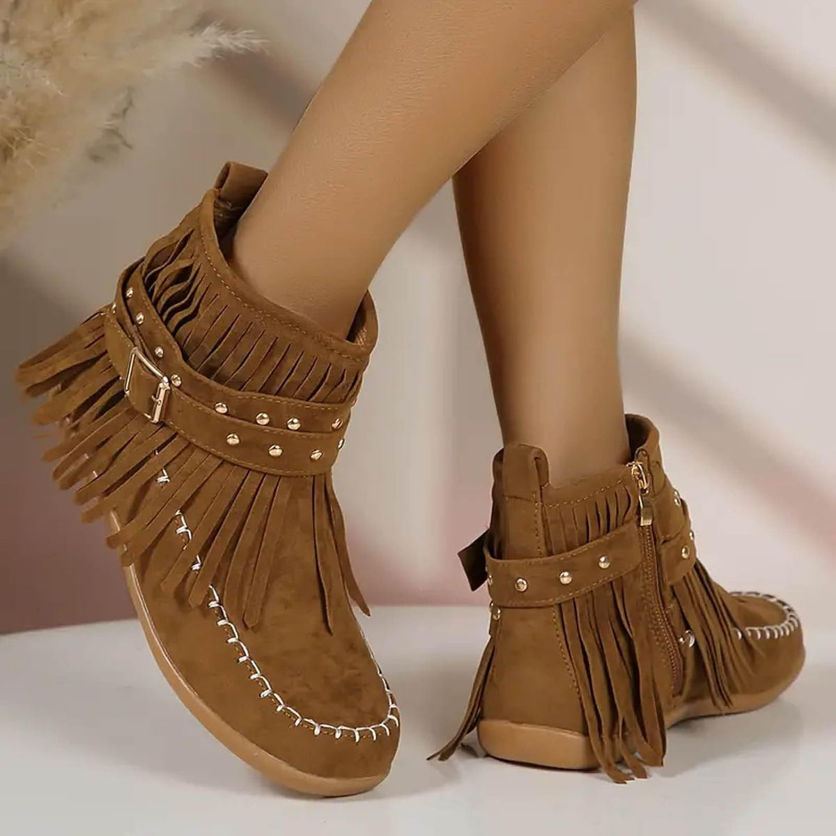 Women's Fringe Suede Ankle Boots,Wide Width Round Toe Low Heel Zipper Tassel Western Moccasin Booties Winter Warm Pull On Flats Dress Retro Boho Shoes Outdoor