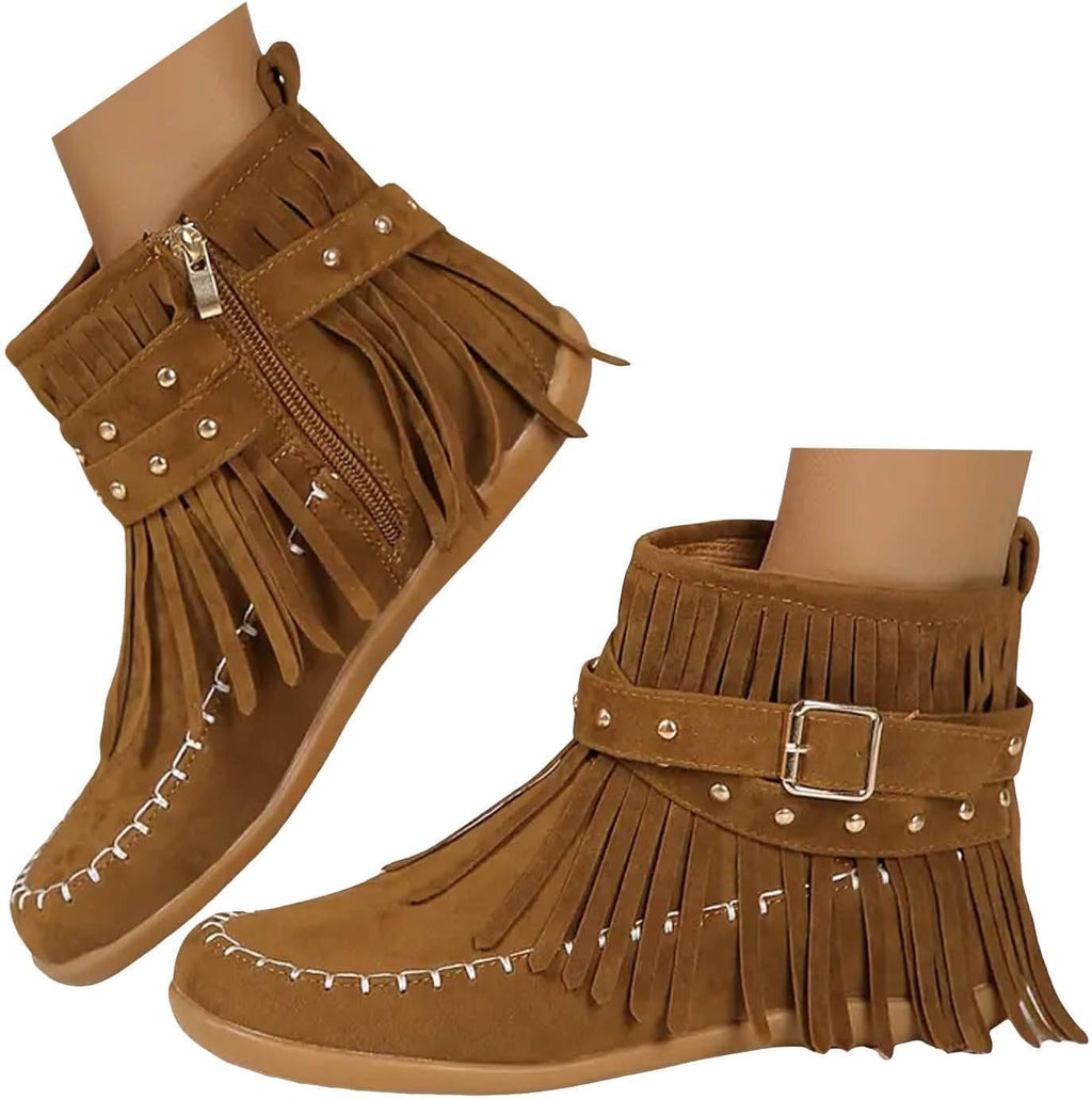 Women's Fringe Suede Ankle Boots,Wide Width Round Toe Low Heel Zipper Tassel Western Moccasin Booties Winter Warm Pull On Flats Dress Retro Boho Shoes Outdoor