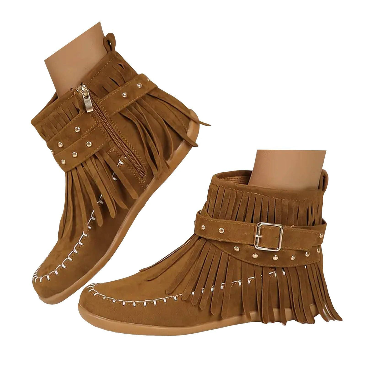 Women's Fringe Suede Ankle Boots,Wide Width Round Toe Low Heel Zipper Tassel Western Moccasin Booties Winter Warm Pull On Flats Dress Retro Boho Shoes Outdoor