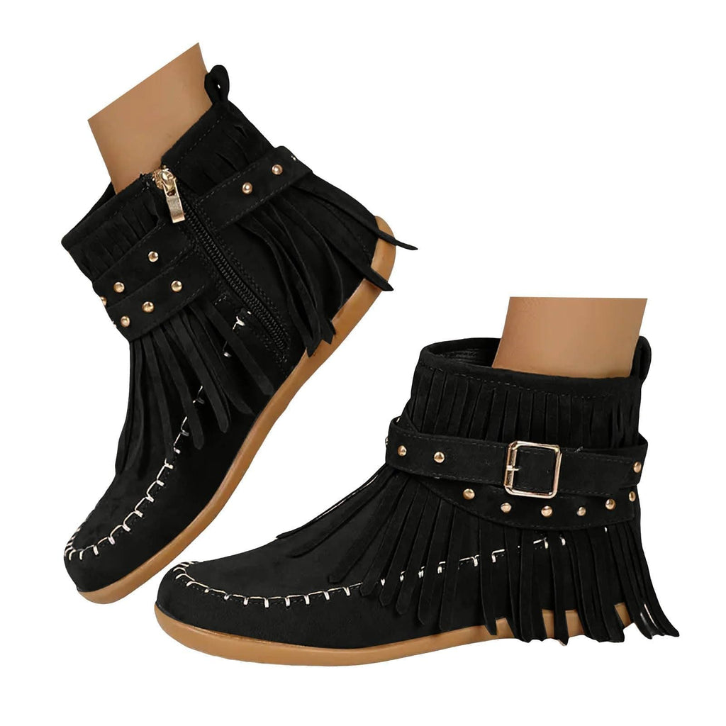Women's Fringe Suede Ankle Boots,Wide Width Round Toe Low Heel Zipper Tassel Western Moccasin Booties Winter Warm Pull On Flats Dress Retro Boho Shoes Outdoor