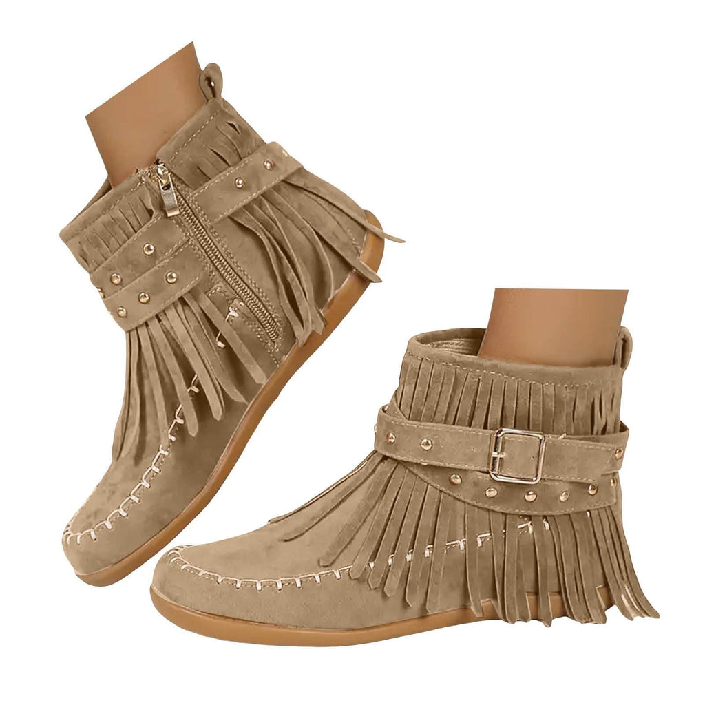 Women's Fringe Suede Ankle Boots,Wide Width Round Toe Low Heel Zipper Tassel Western Moccasin Booties Winter Warm Pull On Flats Dress Retro Boho Shoes Outdoor