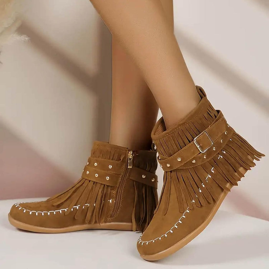 Women's Fringe Suede Ankle Boots,Wide Width Round Toe Low Heel Zipper Tassel Western Moccasin Booties Winter Warm Pull On Flats Dress Retro Boho Shoes Outdoor
