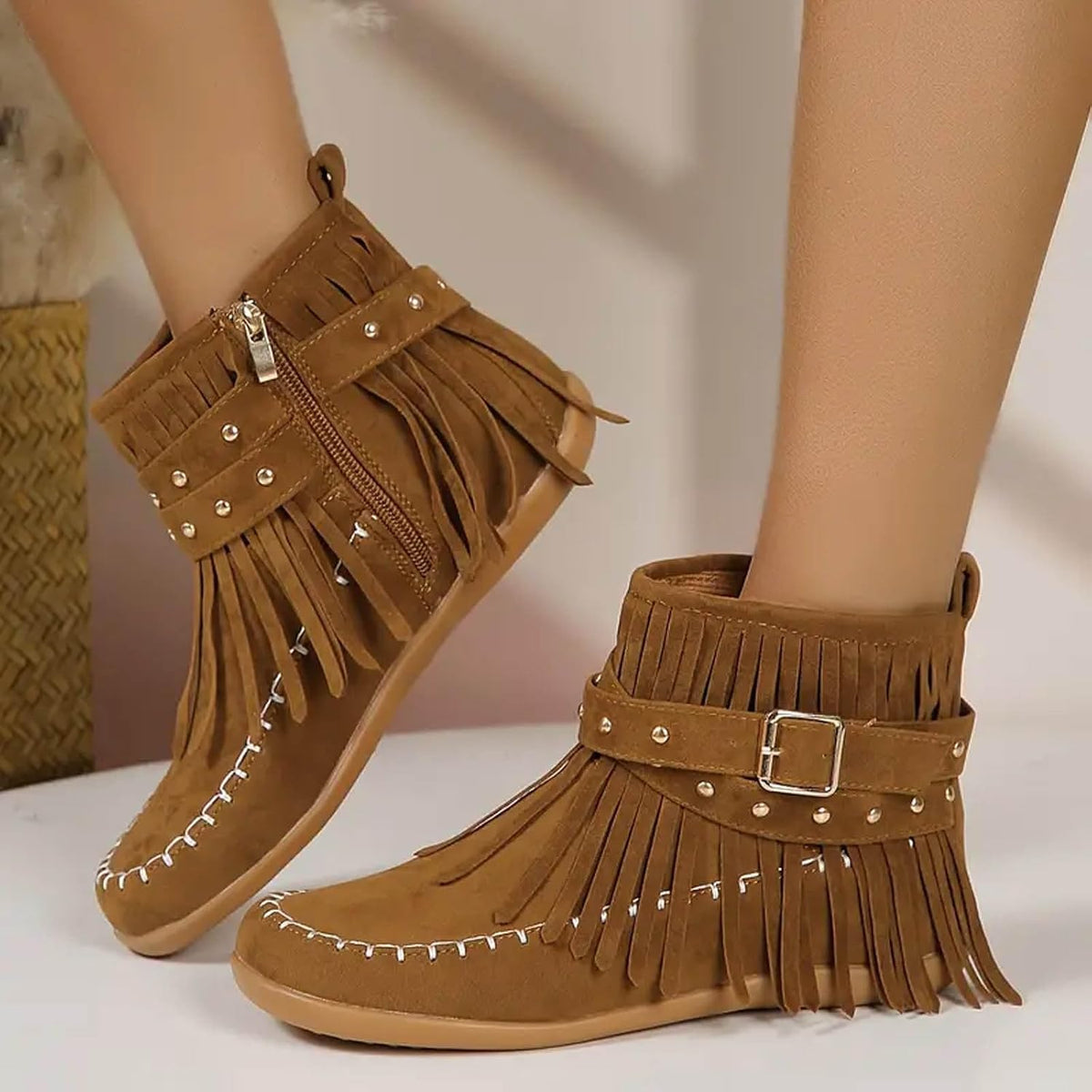 Women's Fringe Suede Ankle Boots,Wide Width Round Toe Low Heel Zipper Tassel Western Moccasin Booties Winter Warm Pull On Flats Dress Retro Boho Shoes Outdoor