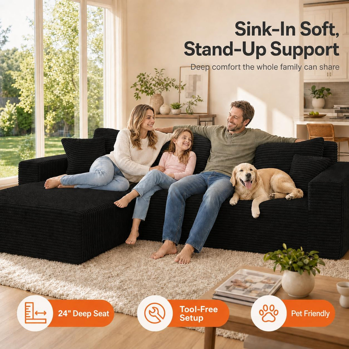 King Oasis 110" Boneless Modular Sectional Sofa with Chaise, Black