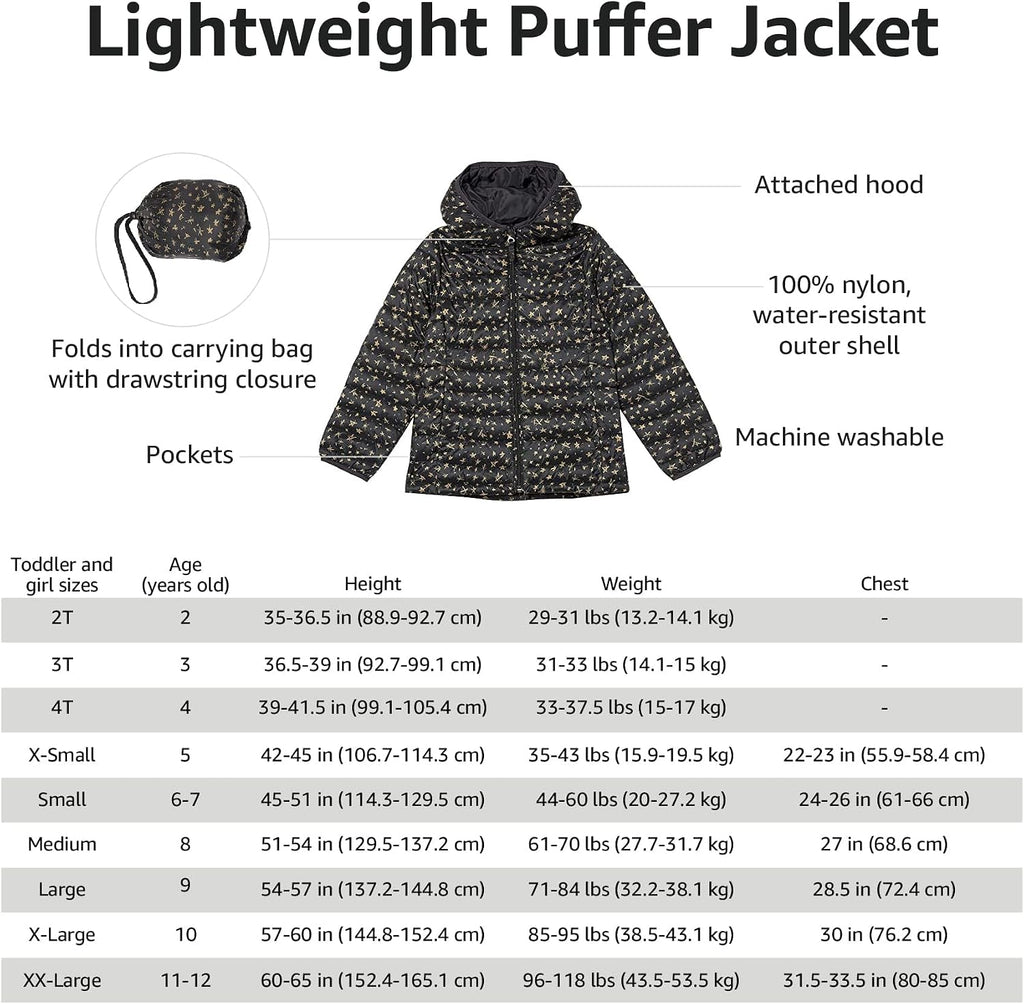 Amazon Essentials Girls and Toddlers' Lightweight Water-Resistant Packable Hooded Puffer Jacket