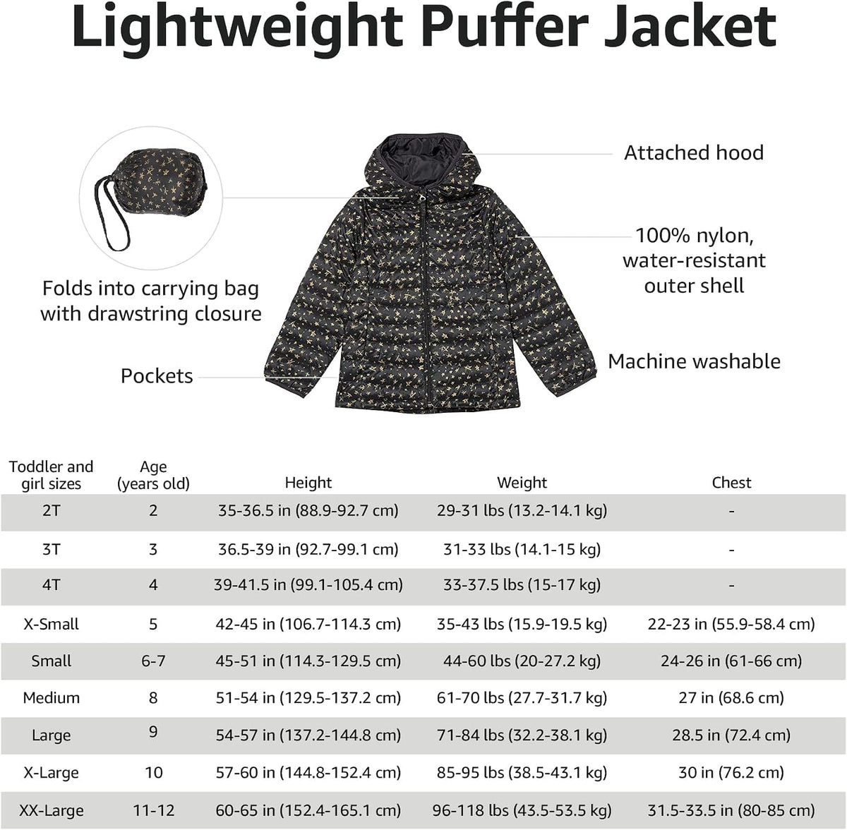 Amazon Essentials Girls and Toddlers' Lightweight Water-Resistant Packable Hooded Puffer Jacket
