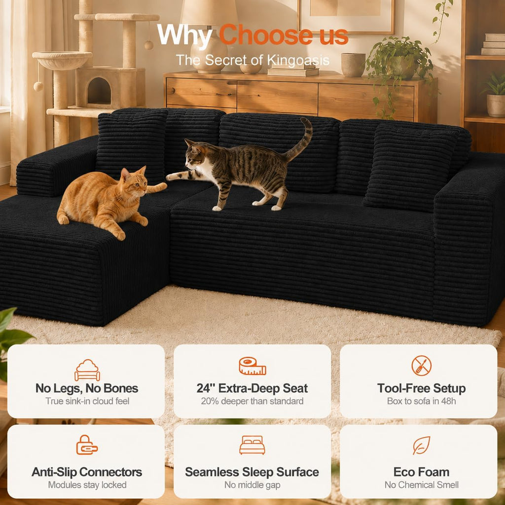 King Oasis 110" Boneless Modular Sectional Sofa with Chaise, Black