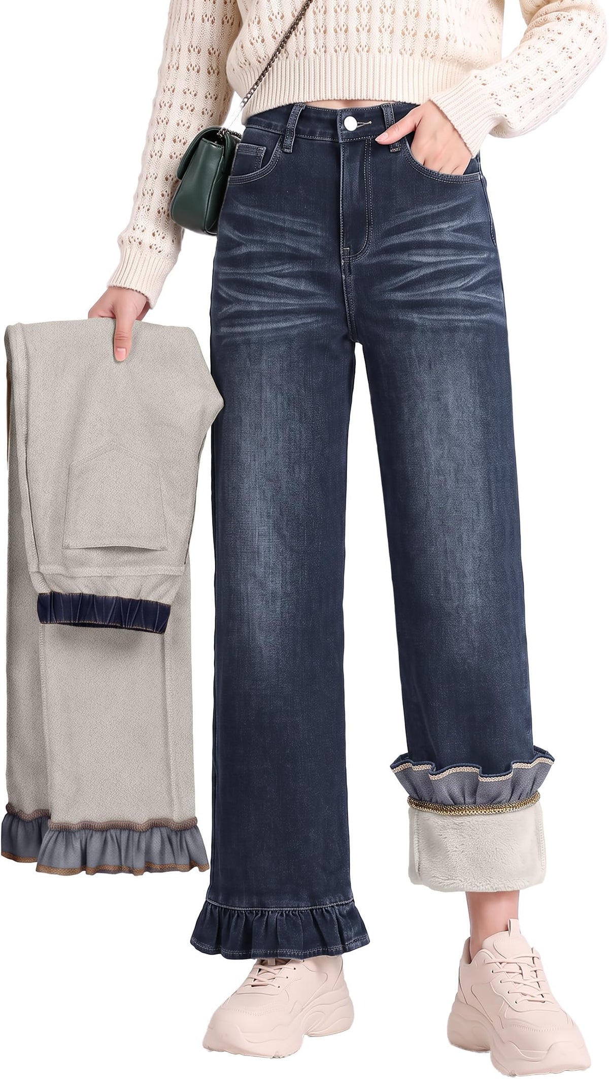 Fleece Lined Jeans for Women Straight Leg Winter Warm Denim Pants
