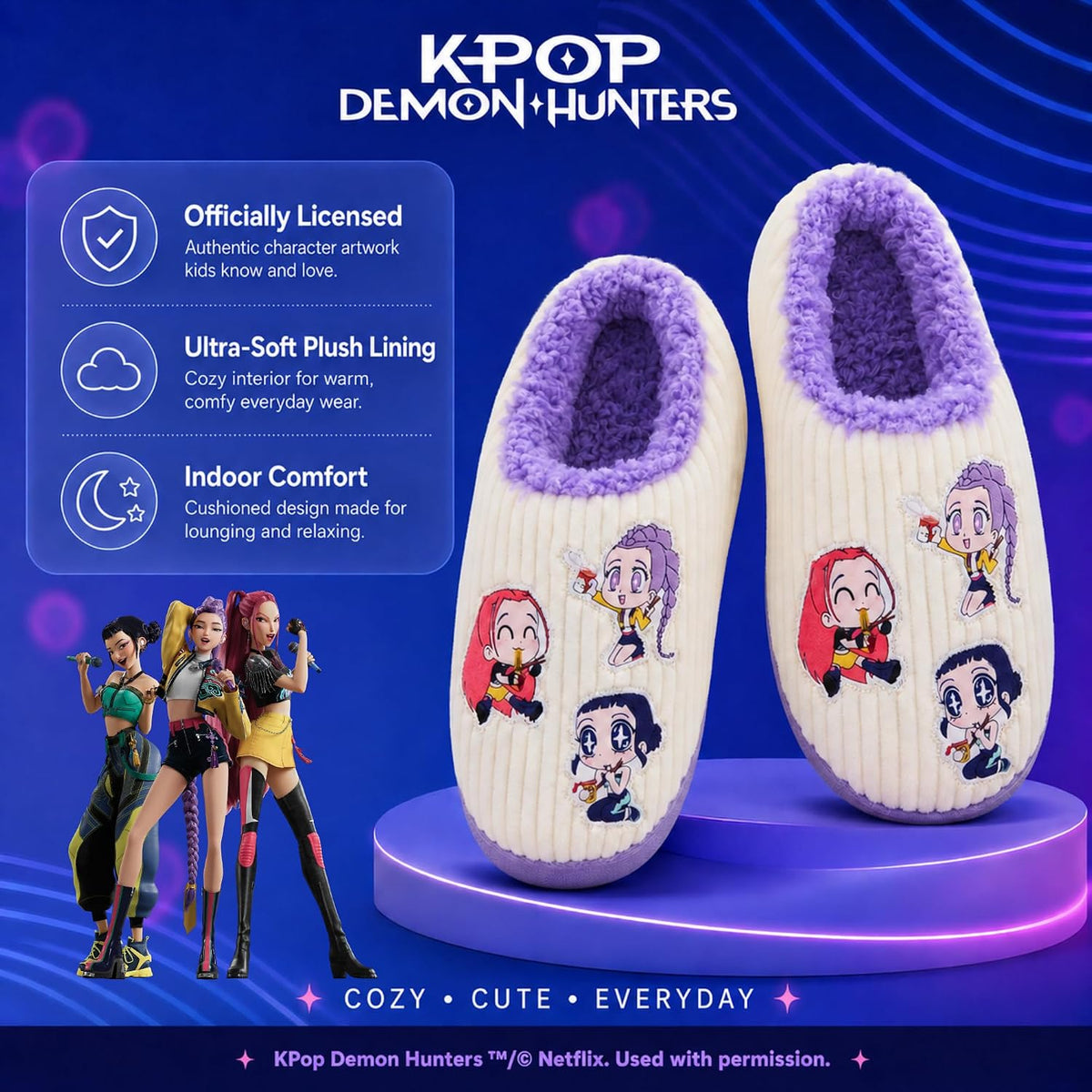 KPop Demon Hunters Girls Slippers - Kids House Slippers, Soft Cute Shoes for Girls & Teens with Huntrix - Official License