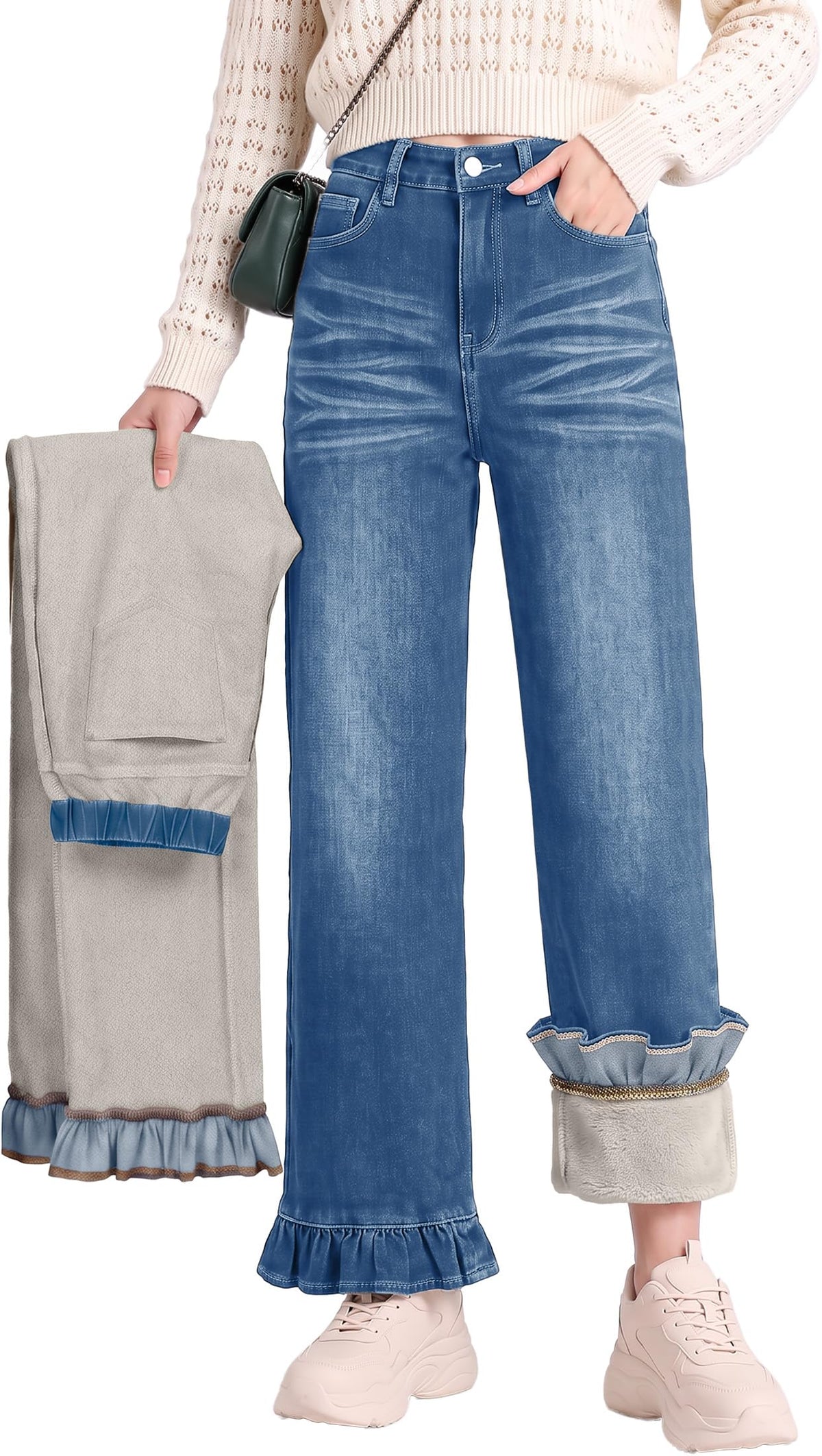Fleece Lined Jeans for Women Straight Leg Winter Warm Denim Pants